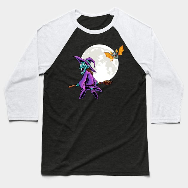 Flying Witch Moon Bat Baseball T-Shirt by letnothingstopyou